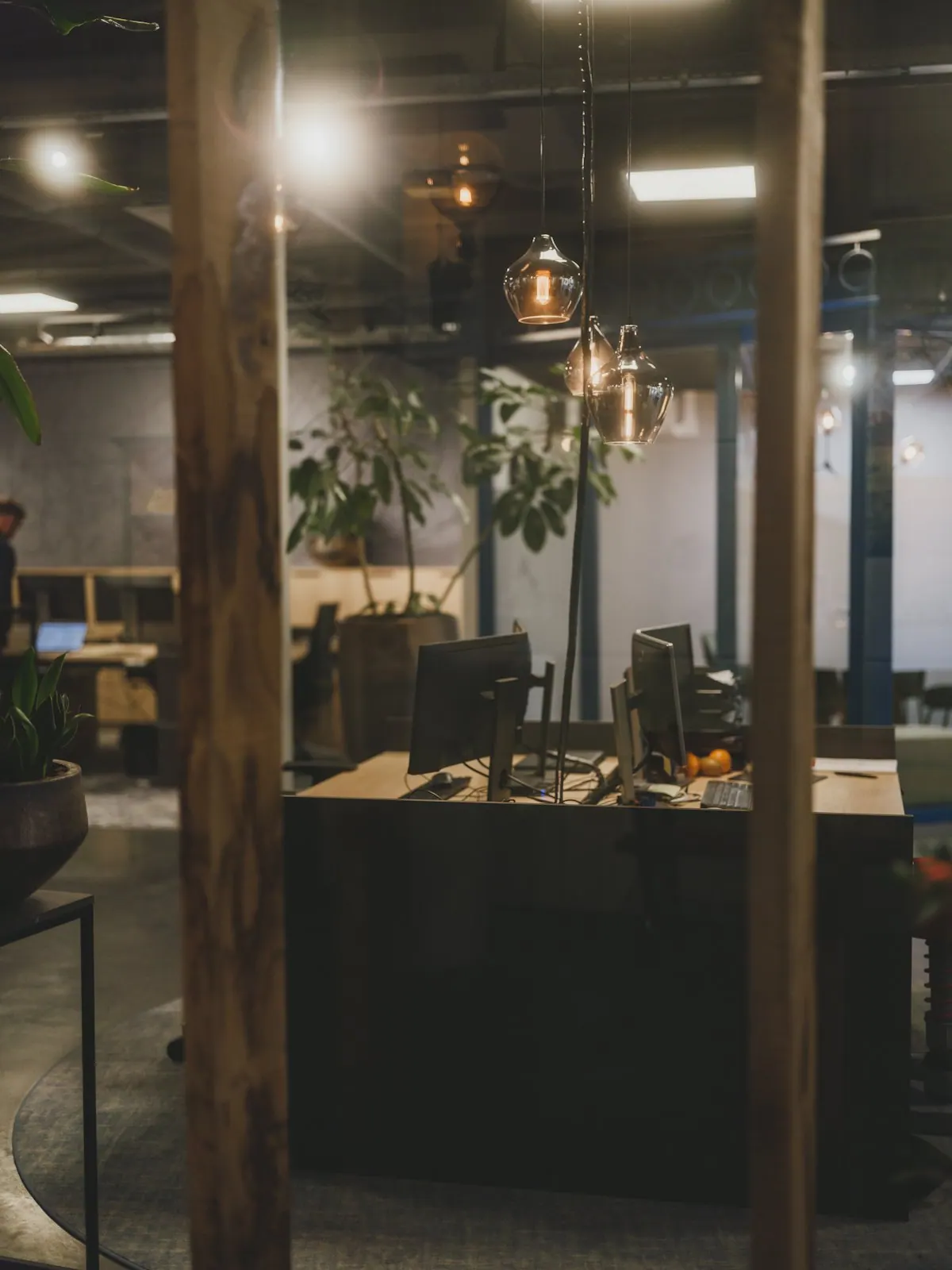 Office desks and plants seen through a glass partition